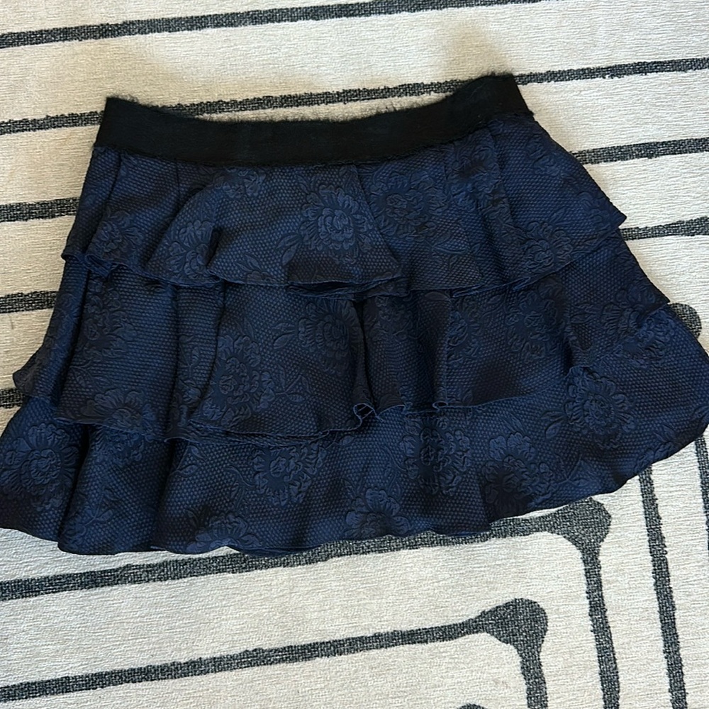 Navy sip back skirt with black frayed ribbon trim